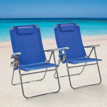 2-Pack Balstiem Pusguļus 4-Pozīciju Lielajam Pludmales Krēsls, Blue Kempinga Krēsli, Saliekamais Krēsls Āra Mēbeles