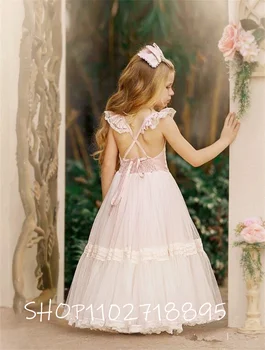 2022 Bez Piedurknēm Puķu Meitene Kleitas Sievietēm Backless Tilla Mežģīnes Appliques Bērniem Bumbu Kleita Princese Vestidos De Fiesta
