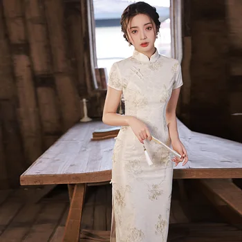 2023 Balta Mežģīņu Cheongsam Sievietēm Ar Īsām Piedurknēm Tradicionālo Vintage Kleita Parādīt Kostīmi Slim Izšuvumi Qipao Drēbes Chinoise Femme
