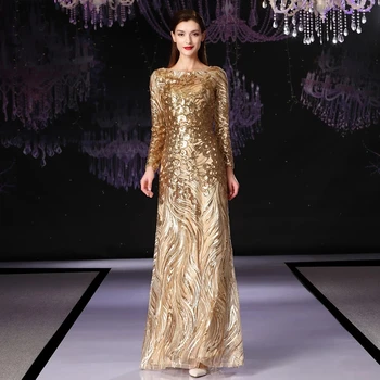 2023 garām piedurknēm sieviešu oficiālu balli vakara kleita sequined zelta garo kāzu kleitu Ceremoniju Kleita mātes formālu kleita