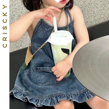 2023 Jauno Vasaras Baby Toddler Meitenes Kleita Cietā Piedurknēm Ruffles Meitenes Kleita Bērnu Džinsa Kleitas Bērnu Apģērbs