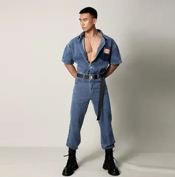 2023 Jaunu vīriešu vienkāršs un moderns džinsa jumpsuit Iela vīriešu vasaras īsām piedurknēm, plānās darba apģērbi jumpsuit