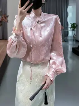 2023 jaunu ķīniešu stilā sievietēm ziedu tangsuits ikdienas ikdienas blūze cheongsam rozā tops ar garām piedurknēm graciozs cheongsam blūze