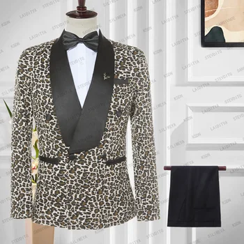 2023 Modes Vīriešu Uzvalki Gadījuma Augstas klases Leopard Print 2 Gabali, Žakete un Bikses Šiks Lakatu, Atloks ar Vienu Pogas Puse Vīriešu Apģērbs