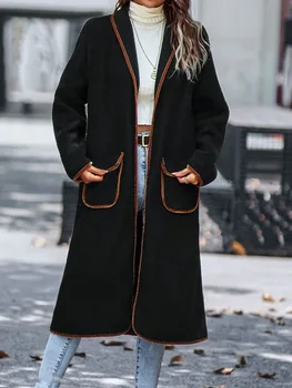 2023 Rudens/Ziemas Eiropas un Amerikas Sieviešu Polo Cietā Jēra Vilnas Temperaments Kontrasta Kabatā Garš Mētelis Lielajam Outwear
