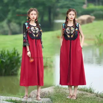 2023 tradicionālā ķīniešu vintage kleita valsts ziedu izšuvumi sundress retro uzlabota qipao kleita austrumu kleita bez piedurknēm