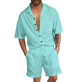 2023 Vasarā Divas Gabals Vīriešu Komplekti tīrtoņa Krāsu Zaudēt Īsās Piedurknes Atloks Pogu, Krekls un Bikses, Kostīmi Vīriešu Streetwear Gadījuma Tērpiem