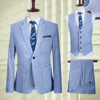 2023 Vīriešu Uzvalku 3 Gabali, Baby Blue Izvēles Modelis Formālas Biznesa Komplekti, Kāzu Žakete Balli Smokings Vienu Krūtīm