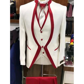 3 Gabali Kāzu Uzvalku Līgavainis ar Piecelties Apkakle Baltā un Sarkanā Modes Vīriešu Uzvalki, Jakas Vīriešu Veste Bikses Pasūtījuma izgatavotu Tērpu
