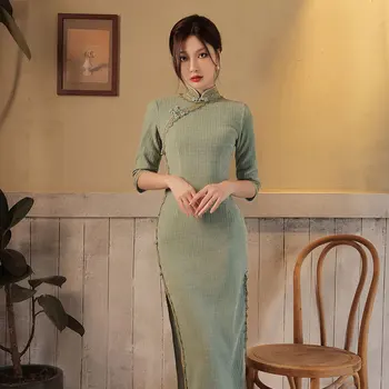 3 Krāsas Sieviešu Tradicionālo Cheongsam Šenila Vintage Kleitu, Kāzu Tērpi, Elegantas Vakara Kleitas Mežģīnes Qipao S līdz XXL