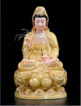 30 cm LIELS, Augstas pakāpes Dzeltenā jade kokgriezums Guanyin Budas mājas Templis iedarbīgu Talismans, Talismans kokgriezumu Skulptūru statuja