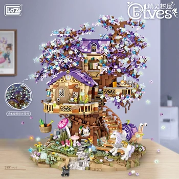 3991pcs LOZ Mini Elf Tree House City Street View Celtniecības Bloki Cherry Blossom Modelis DIY Gaismas Architectu Bērniem Dāvanas