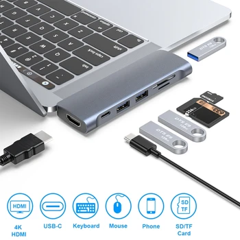 69HA USB C Hub Multiport Adapteris 7 in 1 USB C dokstacija USB3.0+Lasītājs+PD+HDMI-