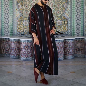 Abaya Vīriešiem Islāmu Pakistāna Muslīnu Drēbes, Saūda Arābija Djellaba Cilvēks Arābu Kaftan Melns Svītrains Kokvilnas Veļa Trīs Ceturtdaļu Piedurknēm
