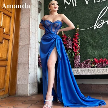 Amanda Sexy Sapphire Blue Mermaid Kleita Vienu Shouler Balles Kleitu 2023 Mirdzēt Zīda Puse Kleita Pusē Augsta Sadalīt فساتين مناسبة رسمية
