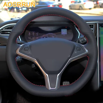 AOSRRUN Auto piederumi, Ādas Roku šūtas Auto Stūres Rats Aptver Tesla Model S X 2015 2016