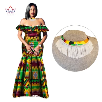 BintaRealWax Āfrikas Sieviešu Kleitas ar Pušķis Kaklarota Bazin Plus Lieluma Apģērbu Dashiki Pie Pleca Puse Kleita WY2527