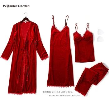 Brīnums, Dārza Fshion Pidžamas Komplekts Sieviete Silts Sleepwear Burtu Drukāšanas Gadījuma Četru gabals Uzvalks Fall Winter Jostas Naktsveļu