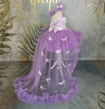 Bumbu Kleita Lillā Tilla Puķu Meitene Kleitas 3D Tauriņi O Kakla Baby Girl Dress Bērniem Dzimšanas dienas ballīti Ziemassvētku Kleita Ilgu Vilcienu