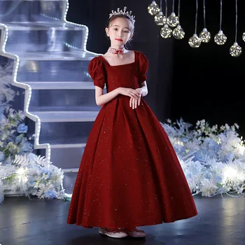 Bērns, Meitene, Gara Kleita Puse Vakarā Elegants Luksusa 2022 Oficiālo Bumbu Kleita Vīna Sarkana Princese Kleitas Komūniju Kostīmu Bērnu Drēbes