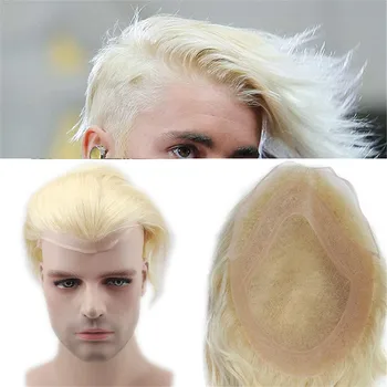 Cilvēku Matiem Vīriešiem Hairpiece Toupee franču Mežģīnes Nomaiņa Vīriešu Parūka Plānas Ādas Eiropas Remy Matus 613 Blonde Color 10