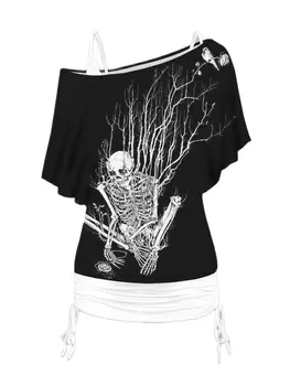 Dressfo Gothic Galvaskausa Topi Halloween Skelets Drukāt, Slīpu Pleca T-Krekls un Savilktu Ruched Tvertnes Augšpusē Gadījuma Sieviešu T Krekli
