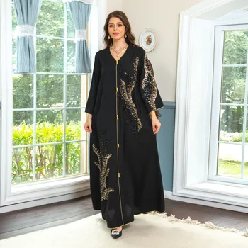 Dubai Arābija Musulmaņu Abaya Elegants garām piedurknēm Raibs Izšūti Zaudēt Sieviešu Kleitas Vakara Virsdrēbes Puse Kleitas Sievietēm