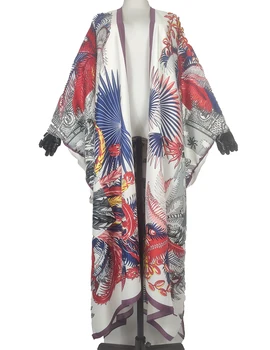 Dubai Tradicionālo Modes Zīda Sarža pinuma Iespiesti Sieviešu Pludmales Cover Up Kimono Gadījuma Bohēmijas Kuveita Abaya Ilgi Jaciņa Uz Lady