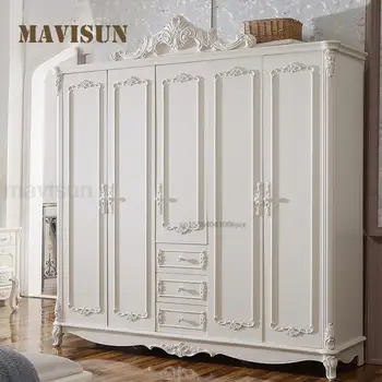 Eiropas Stila Skapis Guļamistabā Piecu durvju Uzglabāšanas kamera Bīdāmās Durvis masīvkoka Balts, Liels drēbju Skapis Par Mājas Apģērbu Skapis