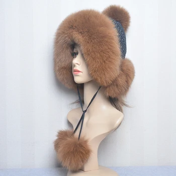 Elastīga dabīgās Kažokādas Cepure Ziemas Sieviešu Cepure Dabas Fox Kažokādas krievijas Ushanka Klp Biezs Silts Ausis Modes Bomber Klp Meitenes Kažokādas Cepure