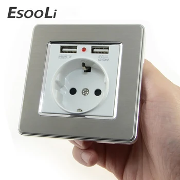 EsooLi Sienas Kontaktligzdas Barošanas 16A ES Standarta Kontaktligzda Ar 2A Dual USB Lādētāja Ports Mobilo Tālruņu Nerūsējošā Tērauda USB Ligzda Jauda
