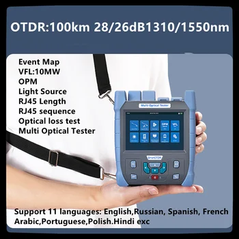 FTTH OTDR 1310nm/1550nm 28/26dB 100 KM Optiskās Šķiedras Reflectometer Touch Screen 10MW VFL OLS OPM Notikumu Karte Ethernet Kabeļu Testeris