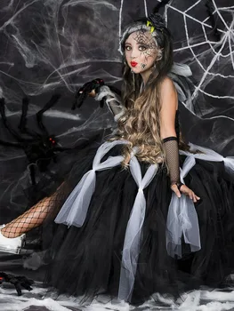 Grims bumbu meitene princese kleita cosplay black spider web tutu kleita Halloween bērnu apģērbs
