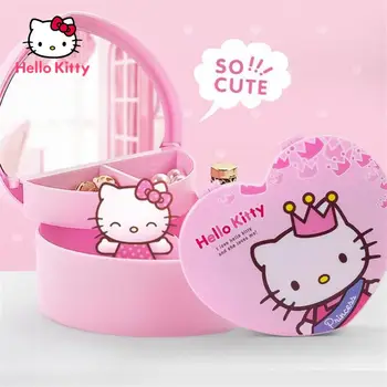 Hello Kitty Modes Gudrs Karikatūra Mīlestības Sirds Formas Rotaslietas Lodziņā Iedomība Spogulis Auskari Auskari Matu Klipu Uzglabāšanas Kaste