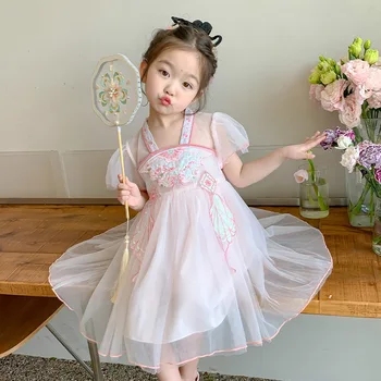 Izšūti Burbulis Piedurknēm Bērnu Apģērbu Kleita Meitenēm 2023 Jauns Moderns Bērnu Vasaras Hanfu Princese Kleita