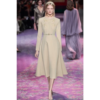 Janeyiren Modes Dizainera Kleita Rudenī Sieviešu Kleita Izgriezums, ar garām Piedurknēm Izšuvumi fāzēm siksna vienkrāsainu kleitu