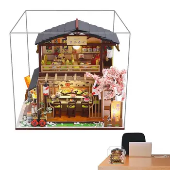 Japāņu Miniatūras 3D Miniatūra leļļu Namiņš Komplekts Japāņu Suši Veikals Koka Namiņš Pusaudžu Ar Roku kontrolē Akumulatora Kaste