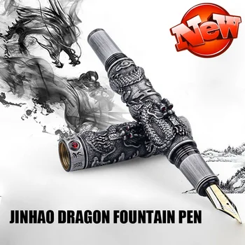 Jaunu Jinhao Pūķis Fountain Pen Pelēkā Tērauda Metāla 18K zelta Vidējā Nib Vintage Pildspalvas Smago Pen Biroja Paraksts Kancelejas preces
