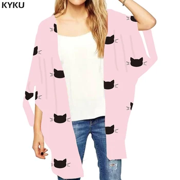 KYKU Zīmola Kaķis Zaudēt Kimono Sieviešu Dzīvnieku Print Jakas Rozā Kreklu Grafiti Atvērto Valdziņu Blūze Tintes 3d Blūze Sieviešu Apģērbs