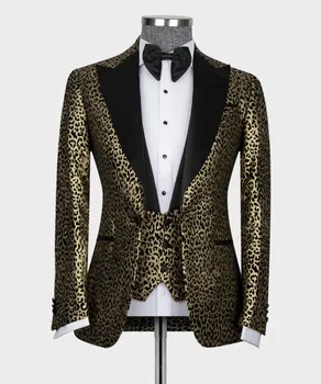 Leopards Drukāt Smokings Zelta-Melns Oficiālu Līgavainis Vīriešu Uzvalki 3pcs Žakete, Veste Bikses Biznesa Valkāt Vīriešu Kāzu Balli Puses Uzvalks