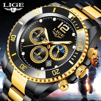 LIGE Top Zīmola Luksusa Modes Diver Gold Vīriešu Pulkstenis Ūdensizturīgs Datums Pulksteņi Sporta Skatīties Cilvēks, Kvarca rokas Pulkstenis Relogio Masculino