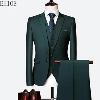 Luksusa 3 gabals vīriešu kāzu uzvalks modes vīriešu slim tīrtoņa krāsu uzņēmuma birojā uzvalku komplekti, liela izmēra vīriešu Žakete, bikses, veste