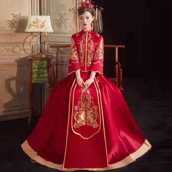 Līgava Kāzu Kleita Ķīniešu Stilā Vintage Tērpu Izsmalcinātu Sequin Izšuvumi Cheongsam Laulības Uzvalks