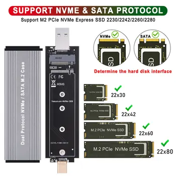 M 2 NVME SSD Būra Alumīnija Sakausējuma Gadījumā USB3 0 M 2 Biprotocol Cietā Diska Kasetne M Taustiņu 2230 2242 2260 M2