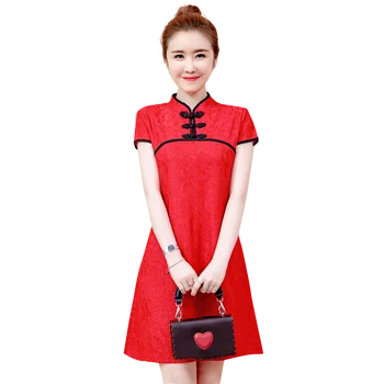 M-4XL Plus Lieluma Modes Elegants Vintage Ķīnas Tradicionālo Casual Puse Sieviešu Kleita Vasaras Sarkans Melns Mežģīņu Kleitas Cheongsam