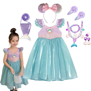 Mazā Nāriņa Kleita Meitene Ariel Princese Kleita Bērniem Halloween Masku Kostīmu Bērnu Karnevāla Dzimšanas Dienas Svinības Drēbes Uz Augšu Komplekti