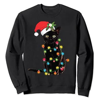 Melnais Kaķis, Santa Tangled Up Ziemassvētku Gaismas Sporta Krekls Grafiskais Tee Topi