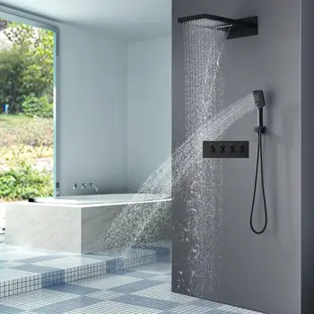 Melns Dušas Komplekts Lietus, Ūdenskritums ShowerHead Panelis Termostata Maisītājs Vārsts Ar Rokas Sistēma, Vannas Istaba Nokrišņu Jaucējkrāni