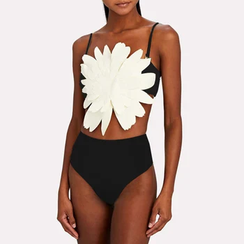 Melns Trīsdimensiju Ziedu Rotā Peldkostīmu Divu Gabals Augsta Vidukļa Drukāt Backless Sexy Bikini Modes 2022 Push Up Beachwear