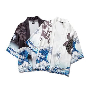 Melnā Kimono Jaka Sievietēm, Vīriešiem Japāņu Obi Vīriešu Yukata Vīriešu Haori Japāņu Vilnis Karpas Drukāt Mētelis Tradicionālo Japānas Apģērbi